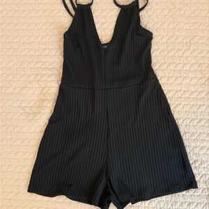 PrettyLittleThing Black Ribbed One-Piece Romper